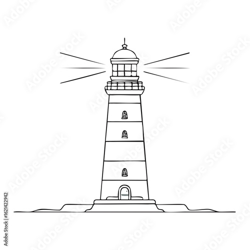 Classic lighthouse with beam of light, simple line drawing, maritime navigation aid and coastal landmark.