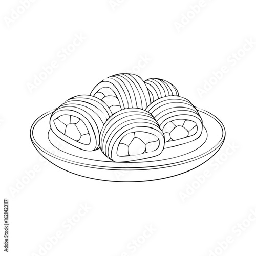Traditional sweet dessert rolls with filling on a plate line art illustration