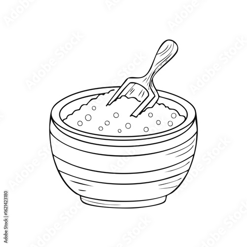 Simple line art drawing of a bowl with natural salt or grain and a wooden scoop