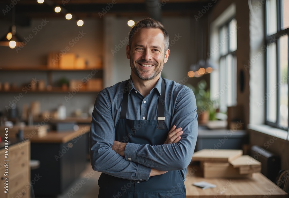 Fototapeta premium Smiling engineered wood technician in a workshop, showcasing craftsmanship