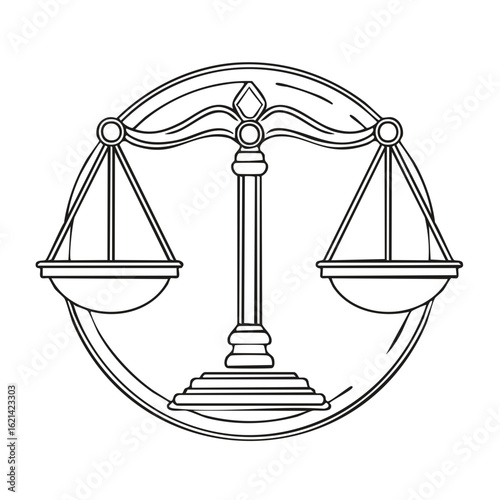 Illustration of justice scales, balance symbol, legal icon, line art