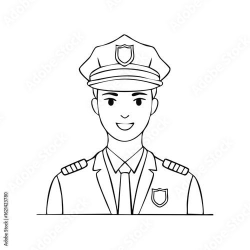 Smiling police officer in uniform line art illustration, portrait of a young friendly cop