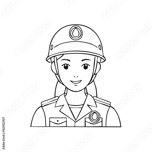 Cartoon style female firefighter wearing helmet and uniform with badge