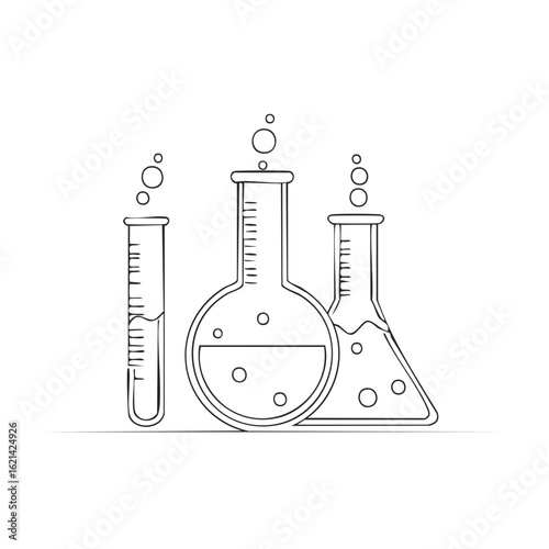 Laboratory Glassware Line Art, Chemical Test Tubes and Beakers, Scientific Outline Illustration