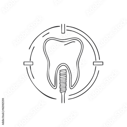 Minimalist line art illustration of a dental implant within a tooth icon surrounded by a target symbol