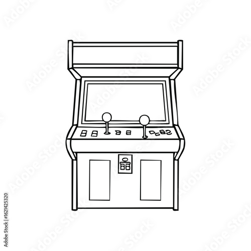 Monochrome Illustration of a Classic Arcade Machine with Joysticks and Buttons