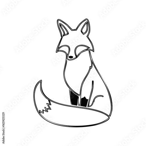 Elegant continuous line drawing of a sitting fox with a bushy tail in black and white