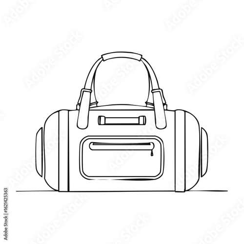 Black and white line art illustration of a cylindrical sports duffel bag with handles and a front zipper pocket
