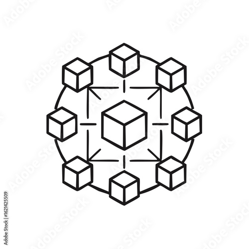 Decentralized network of connected blocks icon representing blockchain technology