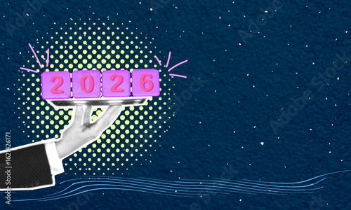 Trendy halftone pop art collage with cut out hand holding tray with numbers 2026. Time to give gifts. New Year and holiday fun. Congratulations and celebrate Christmas.