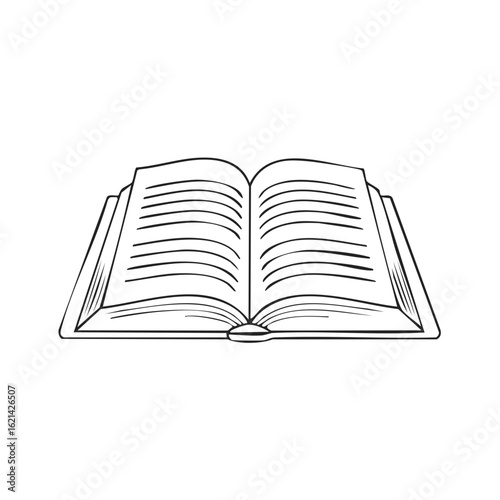 Simple line art drawing of an open book with pages and text