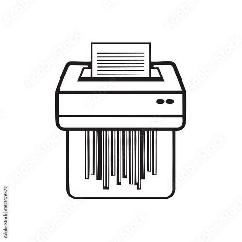 Paper shredder destroying a document, simple black and white line art icon for business security