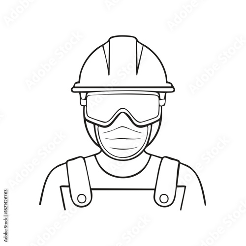 Line art of worker wearing hardhat, goggles, and face mask for safety measures in the industrial environment