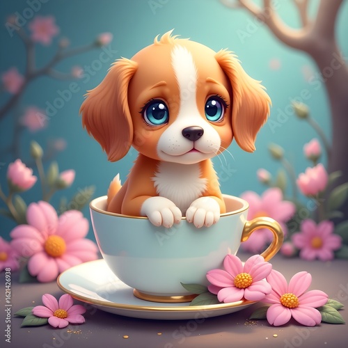 Puppy in Teacup Floral Illustration
