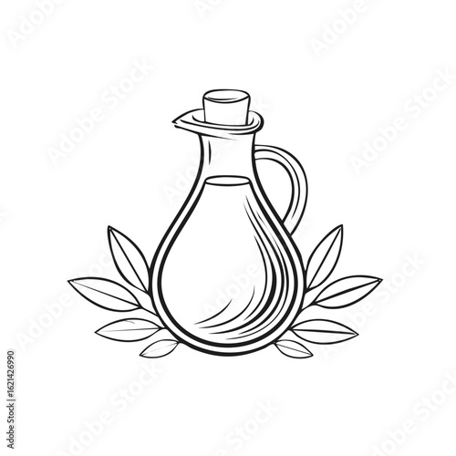 Hand-drawn sketch of a glass cruet filled with oil, decorated with olive leaves