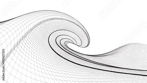 A wireframe wave gracefully curls against a stark white backdrop, showcasing a blend of technology and artistic expression isolated on transparent background