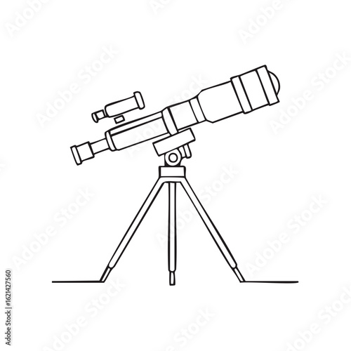 Line art illustration of a telescope with a tripod, exploration concept.