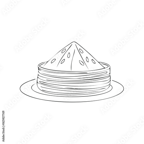 Simple line art drawing of stacked flatbreads or pancakes with watermelon slices on a plate
