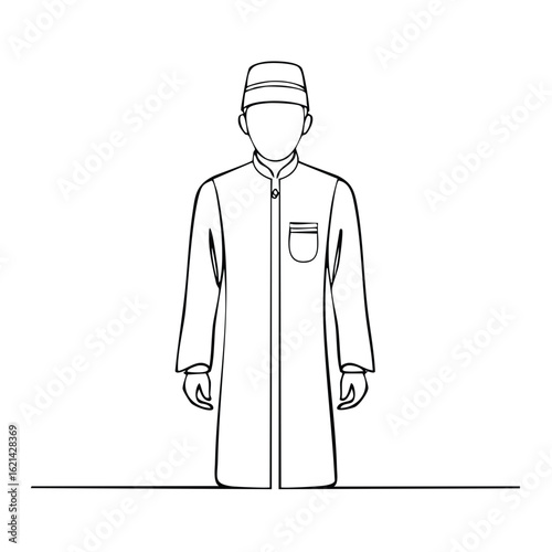 Continous Line Drawing of Muslim Man in Traditional Clothes Standing Isolated