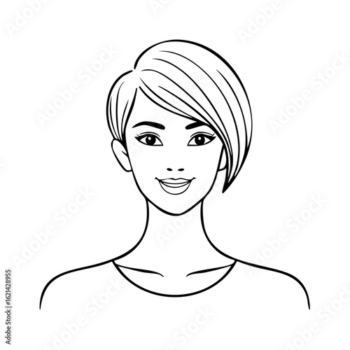 Outline illustration of a young woman with short haircut and smiling expression for coloring or digital art