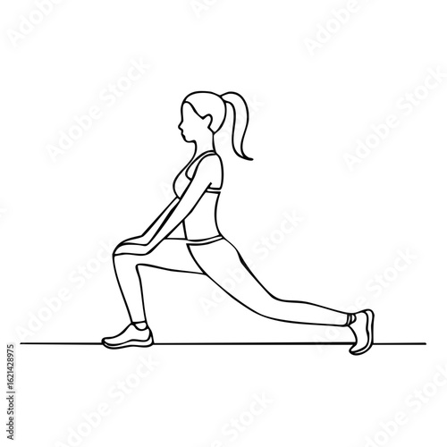 Young woman stretching in athletic wear performing a lunge exercise minimalist continuous line art drawing