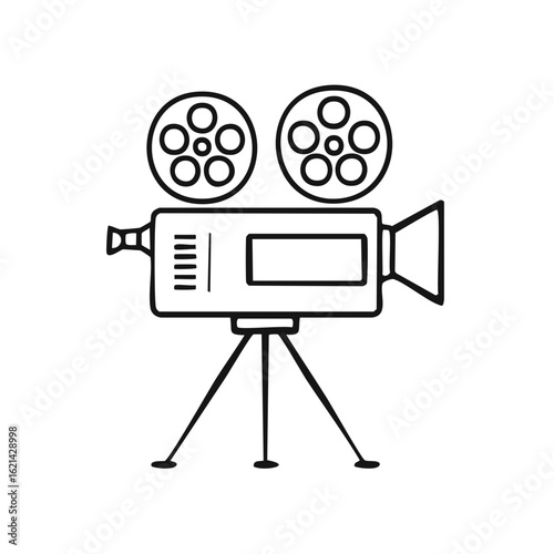 Vintage movie camera illustration on tripod with film reels