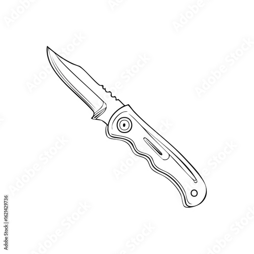 Folding knife drawing of a sharp blade with a serrated edge for design template, clip art, illustrations or tattoo ideas.