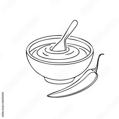 Hand Drawn Sketch of Hot Sauce in Bowl with Spoon and Chili Pepper, Line Art Illustration