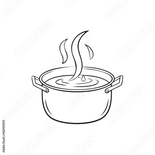 Line art illustration of a steaming cooking pot with hot contents and rising steam icon