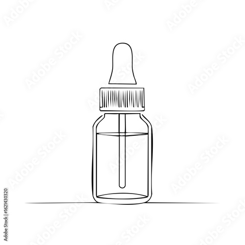 Dropper bottle one line drawing illustration of cosmetic serum or essential oil.