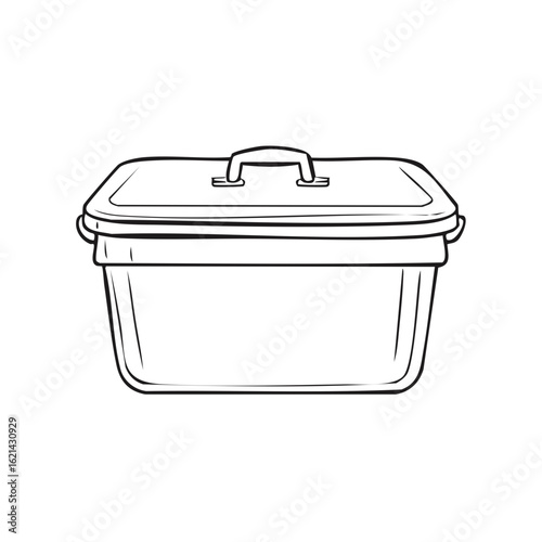 Hand drawn sketch of a plastic storage bin with a handle and lid vector illustration