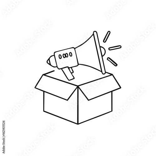 Megaphone emerging from open cardboard box announcing or broadcasting an idea