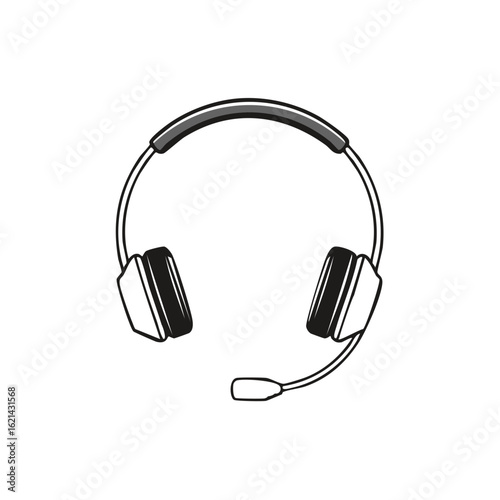 Black and white headset with microphone vector icon for gaming or support