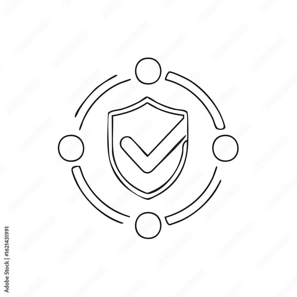 Obraz premium Hand Drawn Shield with Checkmark and Network Circles Icon