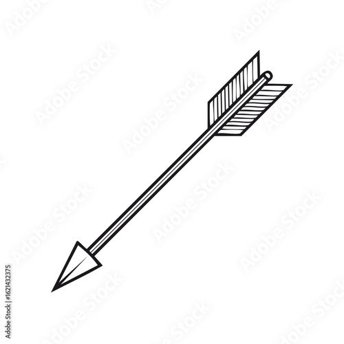 Stylized traditional arrow with fletching in a clean black and white line art illustration