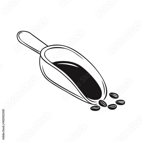 Elegant monochrome drawing of a scoop overflowing with dark roast coffee and loose beans.