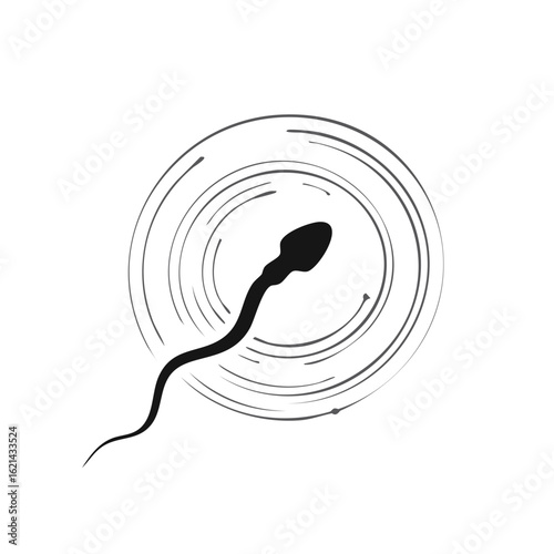 Stylized illustration of a sperm cell with circular motion lines, concept of fertility