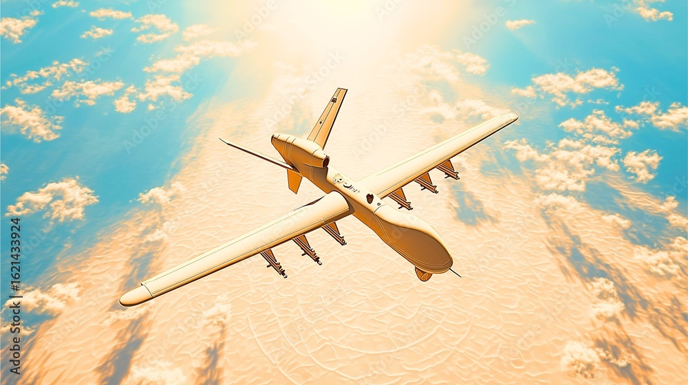 Obraz premium Military Drone Aircraft Flying Above Clouds Advanced Unmanned Drone Technology for Surveillance Operations with Remote Piloted Drone Systems in Sky