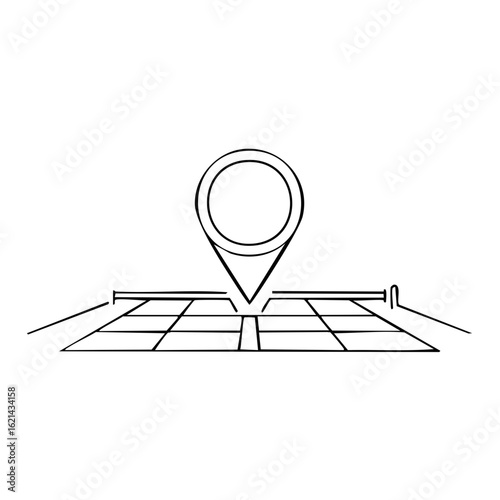 Conceptual outline drawing of a location pin marker on a grid map perspective