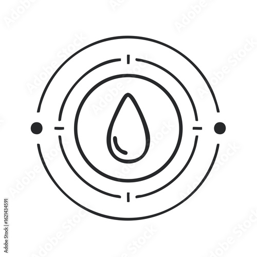 Outline water drop symbol within concentric target circles representing fluid quality