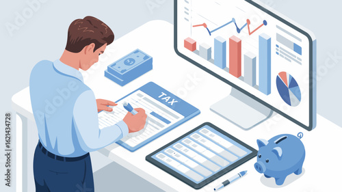 Illustration of man doing tax calculation with financial data on screen