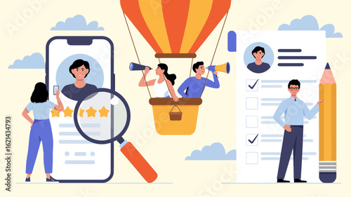 Illustration of recruitment and hiring process with job search and candidate selection