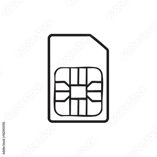 Simple black line art icon of a SIM card representing mobile technology and communication