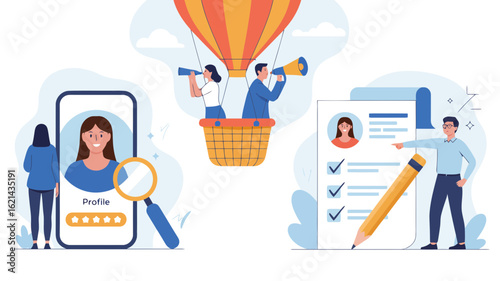 Illustration of hiring and recruitment process with candidate profile and checklist
