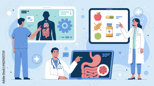 Illustration of doctors analyzing medical data and human anatomy on screens