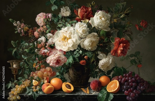 Still life, flowers, fruit, dark background, antique vase, home decor