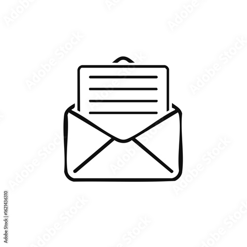 Open Envelope with Letter Icon Design, Correspondence Concept, Notification Symbol, Black and White
