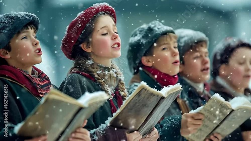 A group of children joyfully sings traditional carols, their breath visible in the crisp winter air as snow falls gently around them, creating a magical atmosphere of holiday cheer.
