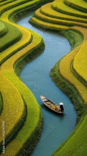 Farmer boats rice paddy fields Vietnam waterway harvest