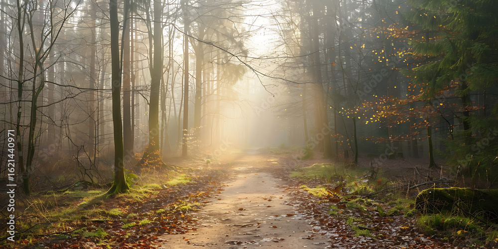 Obraz premium Sunlight filters through misty forest casting beams over leaf covered path 